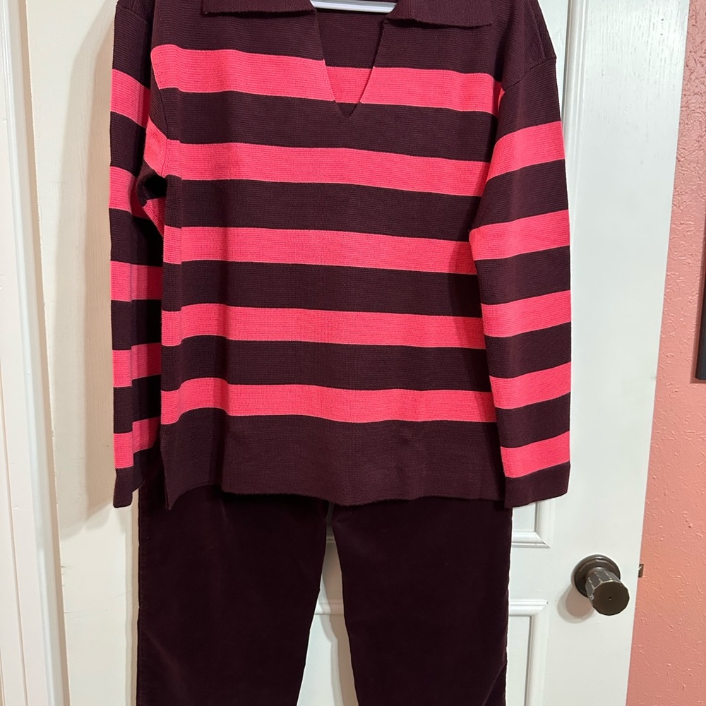 Talbots Pretty Striped Pink and Rich Burgundy Johnny Collar Sweater Size L